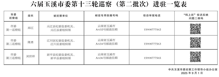 六届玉溪市委第十三轮巡察(第二批次)进驻一览表.jpg 六届玉溪市委第十三轮巡察(第二批次)进驻一览表.jpg